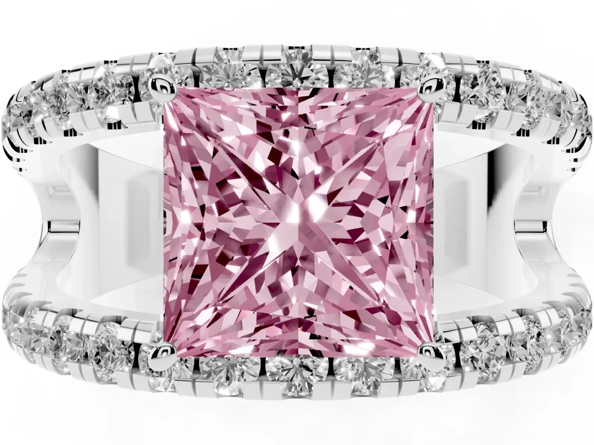 Fancy Pink Princess Cut Solitaire Split Shank Pave Diamond Ring Platinum