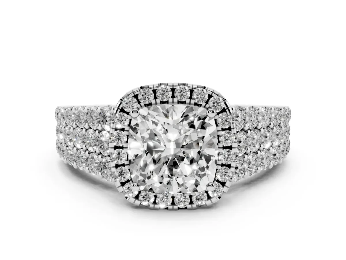 Cushion Cut Diamond Halo Engagement Ring with Triple Row Round Pavé Band and Prong Setting Silver