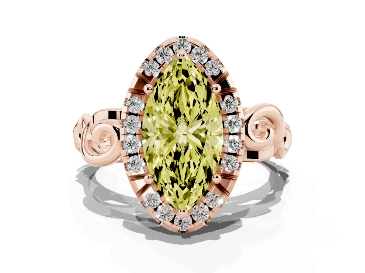 Fancy Yellow Marquise Cut Cut Halo Diamond Ring with Scrollwork Band and Four-Prong Setting Rose gold