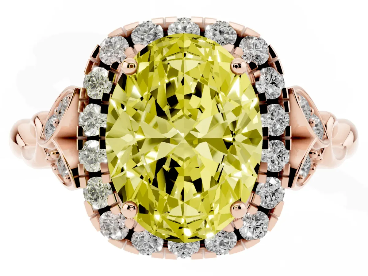 Fancy Yellow Oval Cut Halo Diamond Engagement Ring with Vintage-Inspired Band and Four-Prong Setting Rose gold