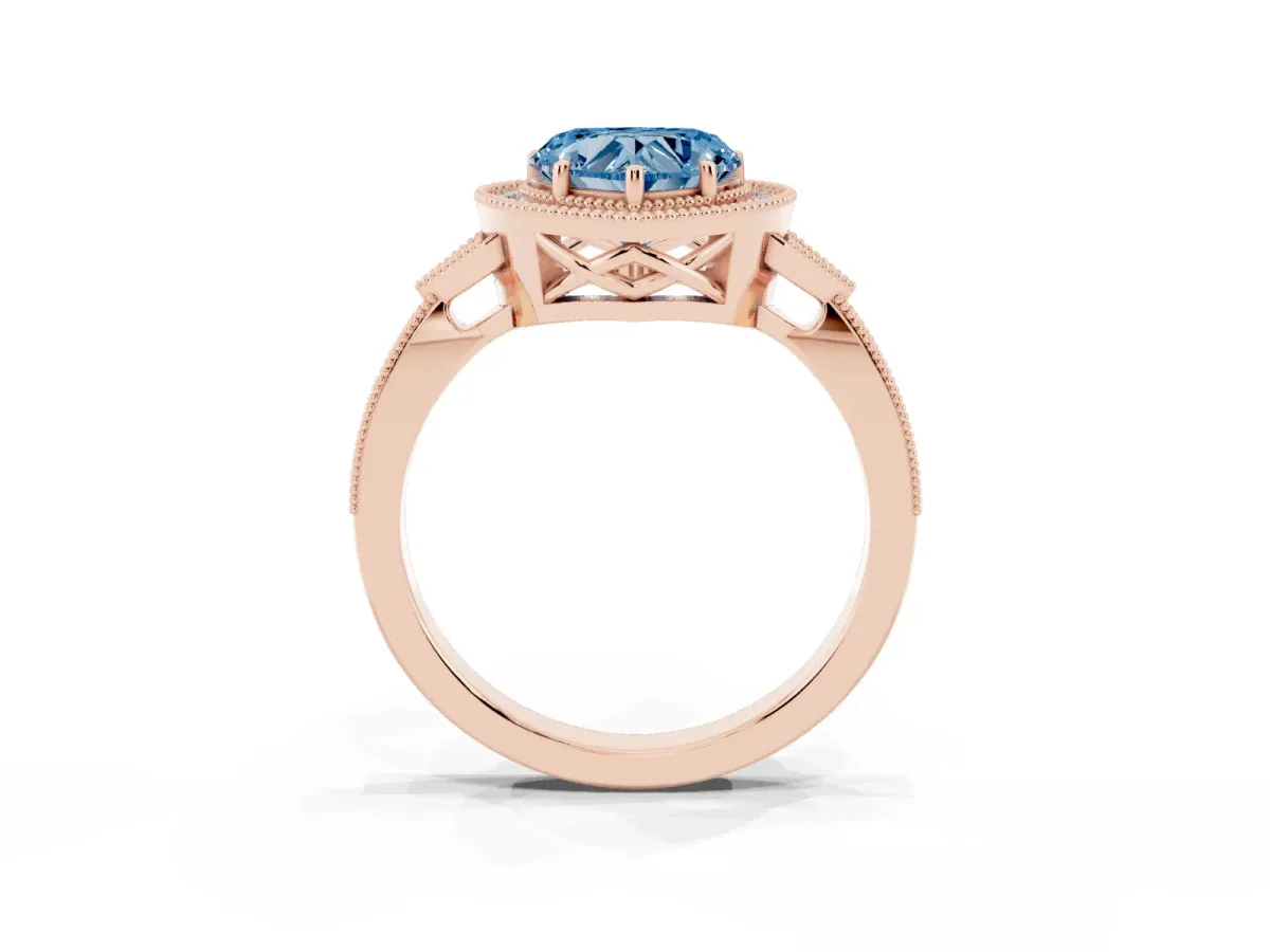 Fancy Blue Heart Cut Halo Round Diamond Milgrain Pave Engagement Ring Rose gold