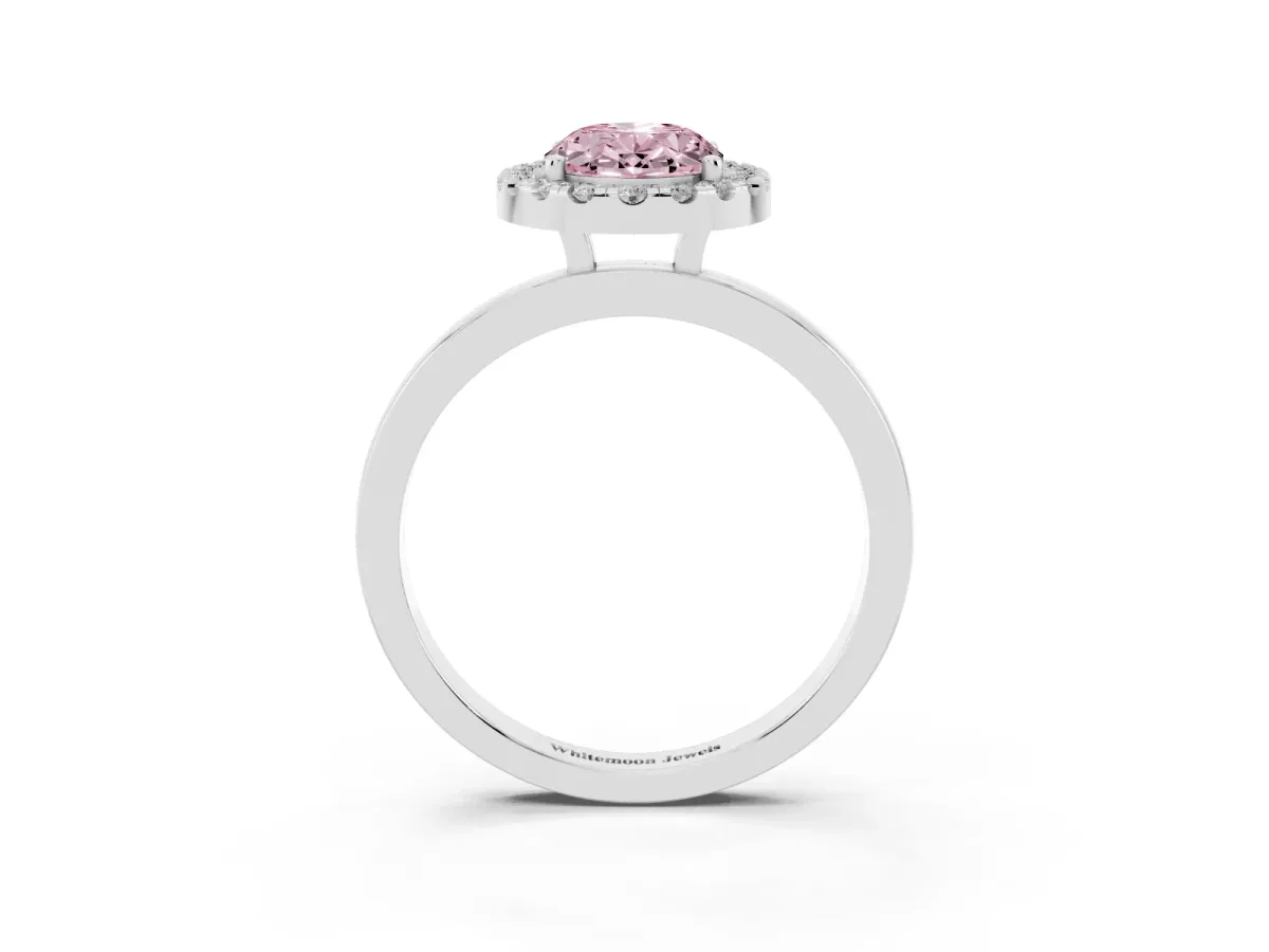 Fancy Pink Oval Cut Halo Diamond Solitaire with Pavé Band and Four-Prong Setting White gold