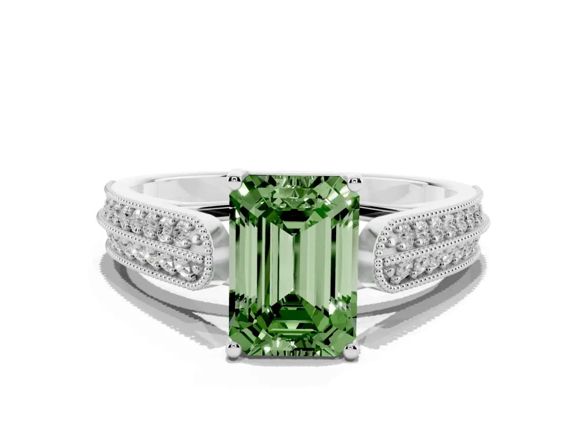Fancy Green Emerald Cut Cut Pave Split Shank Engagement Ring with Four-Prong Setting Silver