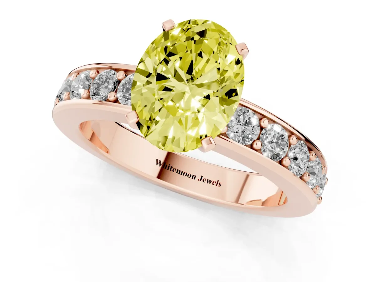 Fancy Yellow Oval Cut Diamond Engagement Ring with Channel Set Round Band and Prong Setting Rose gold