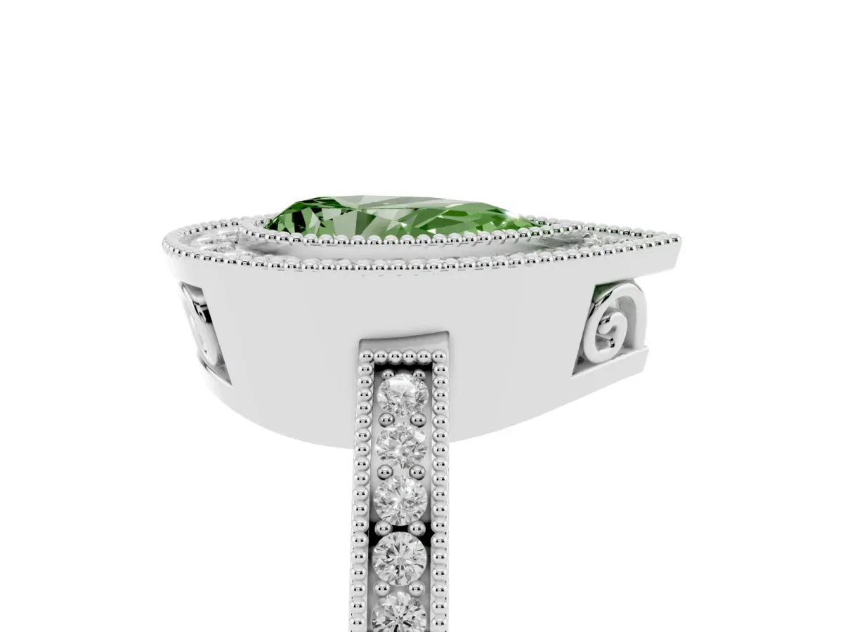 Fancy Green Pear Cut Cut Halo Diamond Ring with Pavé Band and Milgrain Prong Setting Platinum