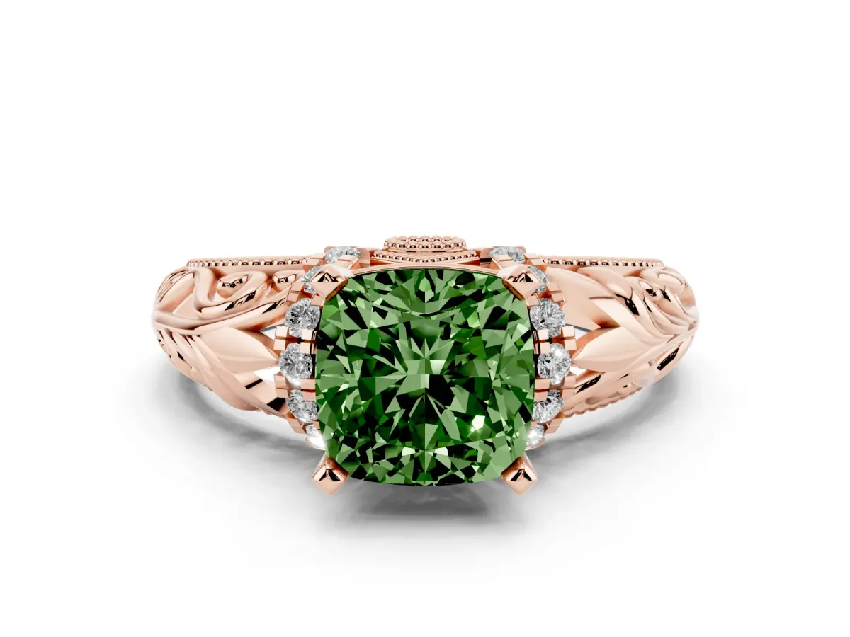 Fancy Green Cushion Cut Solitaire Filigree Engagement Ring with Halo and Prong Setting Rose gold