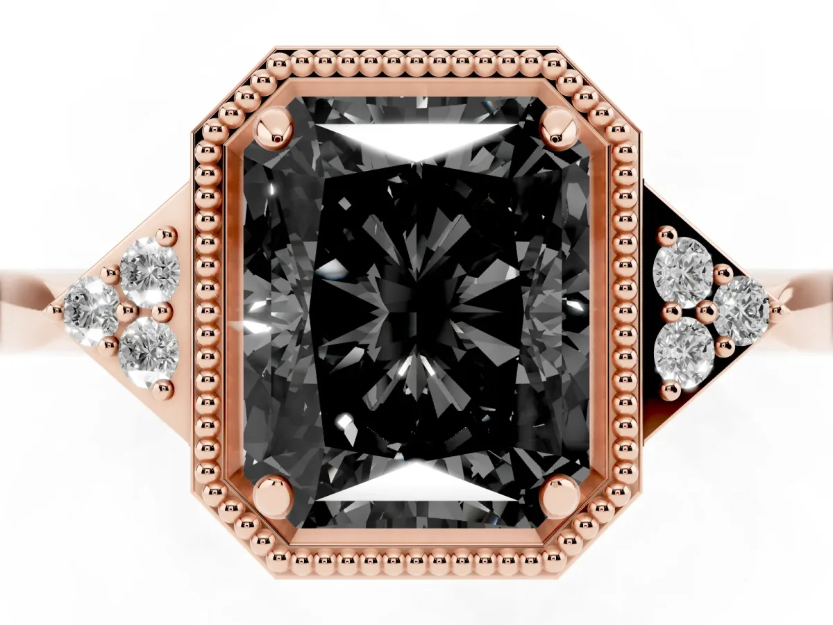 Fancy Black Hexagonal Halo Radiant Cut Diamond Solitaire with Pavé Band and Four-Prong Setting Rose gold