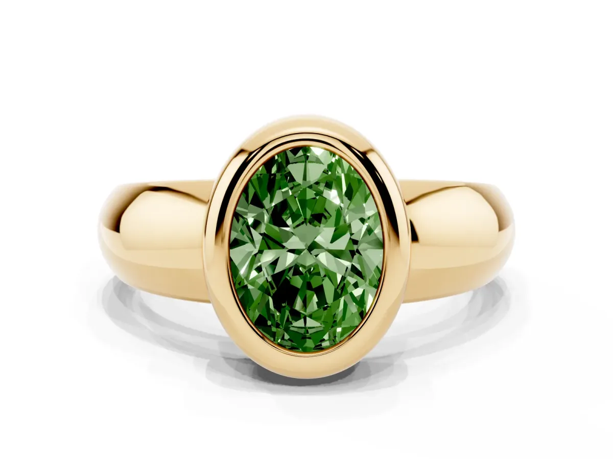 Fancy Green Bezel Set Oval Cut Solitaire Ring with Wide Band Yellow gold