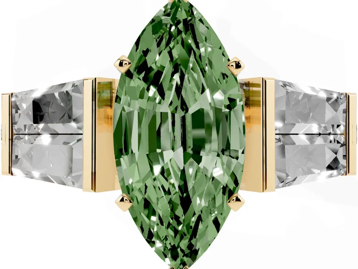 Fancy Green Marquise Cut Diamond Engagement Ring with Baguette Side Stones and Channel Set Band Yellow gold