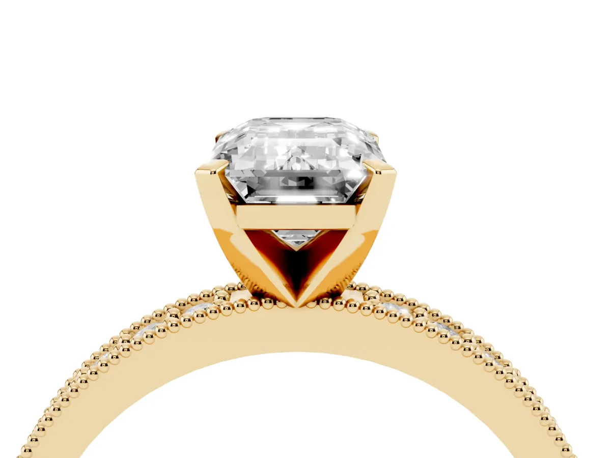 Emerald Cut Diamond Milgrain Pavé Engagement Ring with Four-Prong Setting Yellow gold