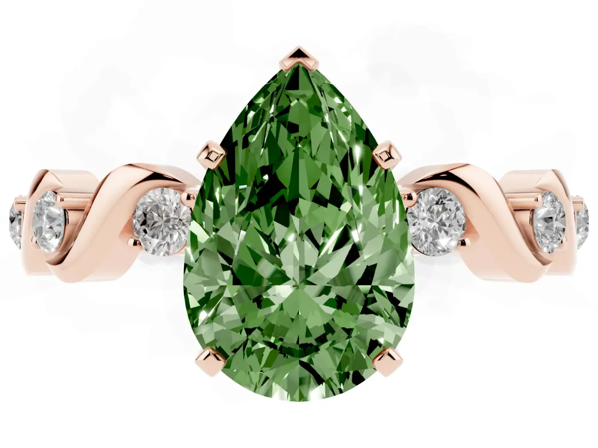 Fancy Green Pear Cut Diamond Solitaire Twisted Band with Round Accents and Prong Setting Rose gold