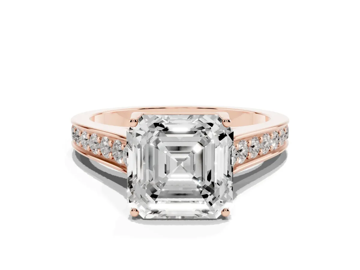 Asscher Cut Brilliant Cut Diamond Engagement Ring with Pavé Band and Four-Prong Setting Rose gold
