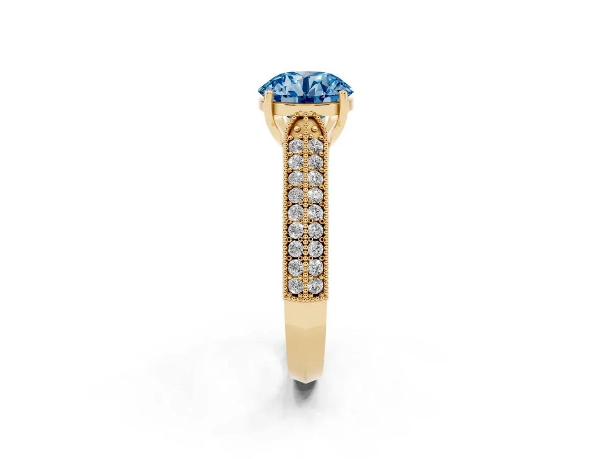 Fancy Blue Round Cut Cut Pave Split Shank Engagement Ring with Four-Prong Setting Yellow gold