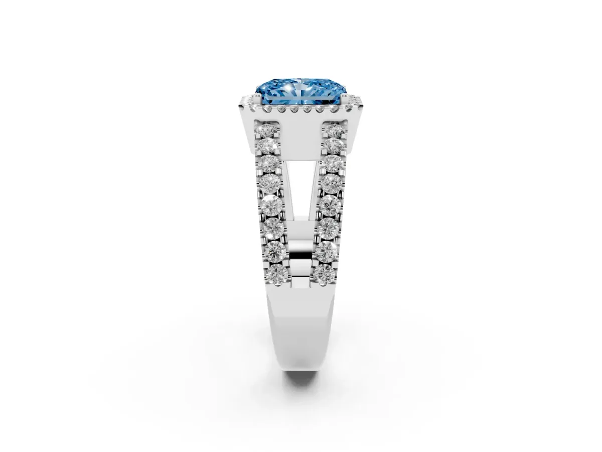 Fancy Blue Radiant Cut Cut Halo Split Shank Diamond Ring with Four-Prong Setting Platinum