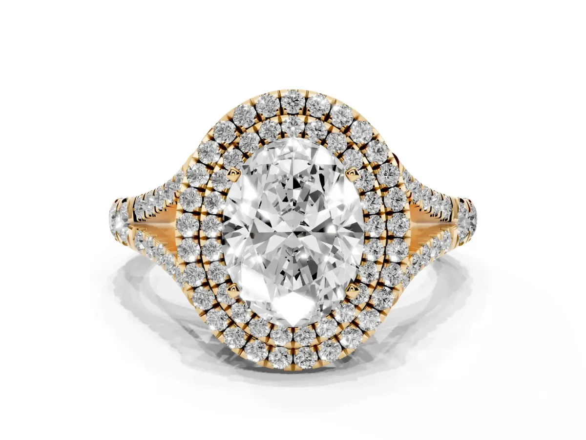 Double Halo Oval Cut Diamond Split Shank Engagement Ring with Four-Prong Setting Yellow gold