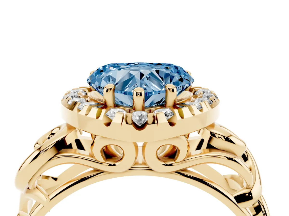 Fancy Blue Heart Cut Cut Halo Diamond Ring with Scrollwork Band and Four-Prong Setting Yellow gold