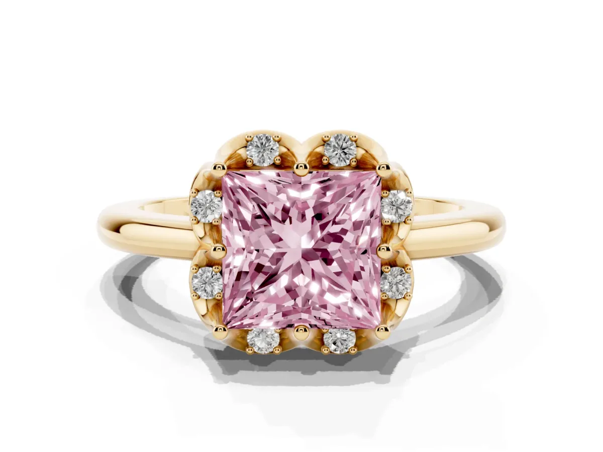 Fancy Pink Princess Cut Halo Diamond Ring with Round Cluster Setting, Solitaire Band, and Four-Prong Setting Yellow gold