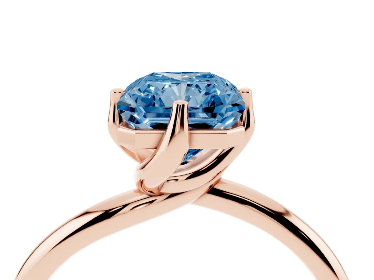 Fancy Blue Radiant Cut Diamond Solitaire Engagement Ring with Four-Prong Setting and Classic Band Rose gold