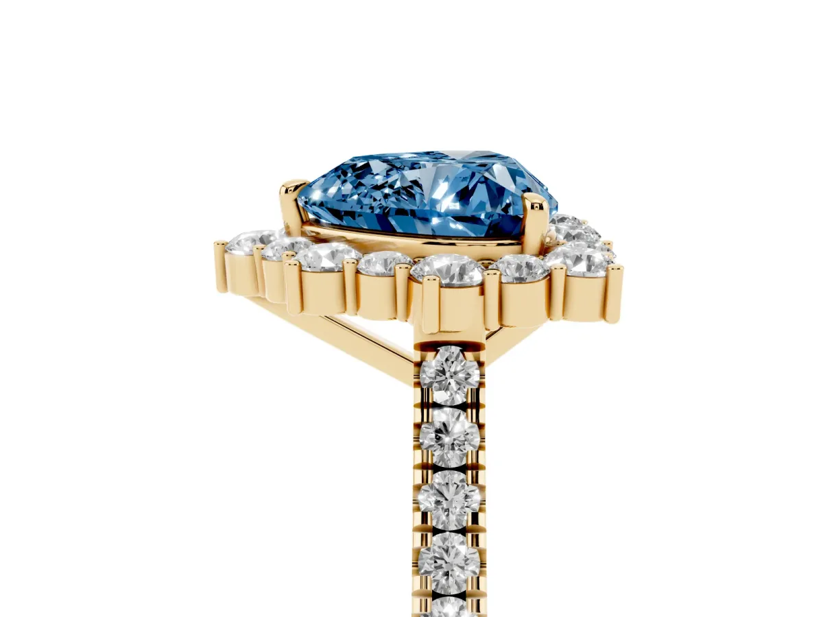 Fancy Blue Heart Cut Halo Diamond Ring with Pavé Band and Prong Setting Yellow gold