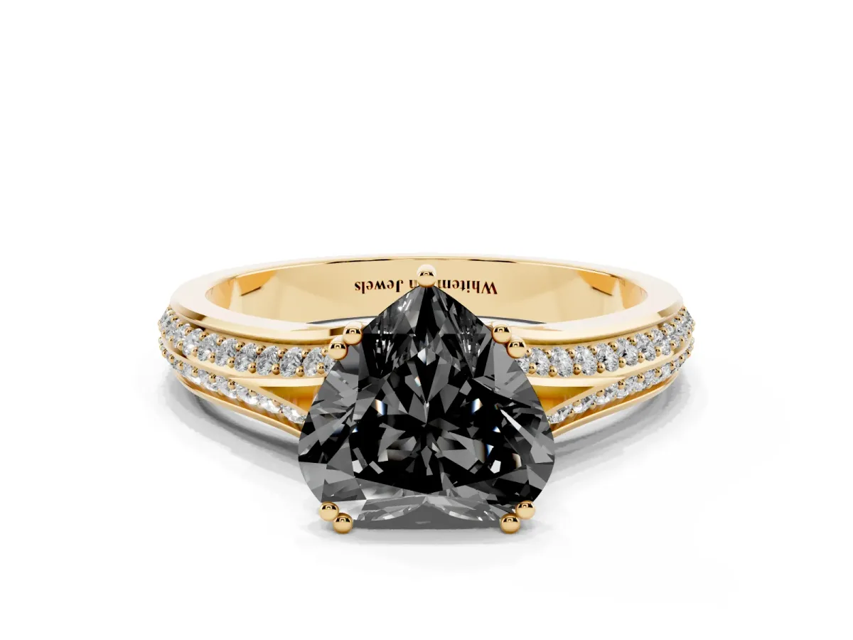 Fancy Black Heart Cut Diamond Split Shank Engagement Ring with Pavé Band Yellow gold