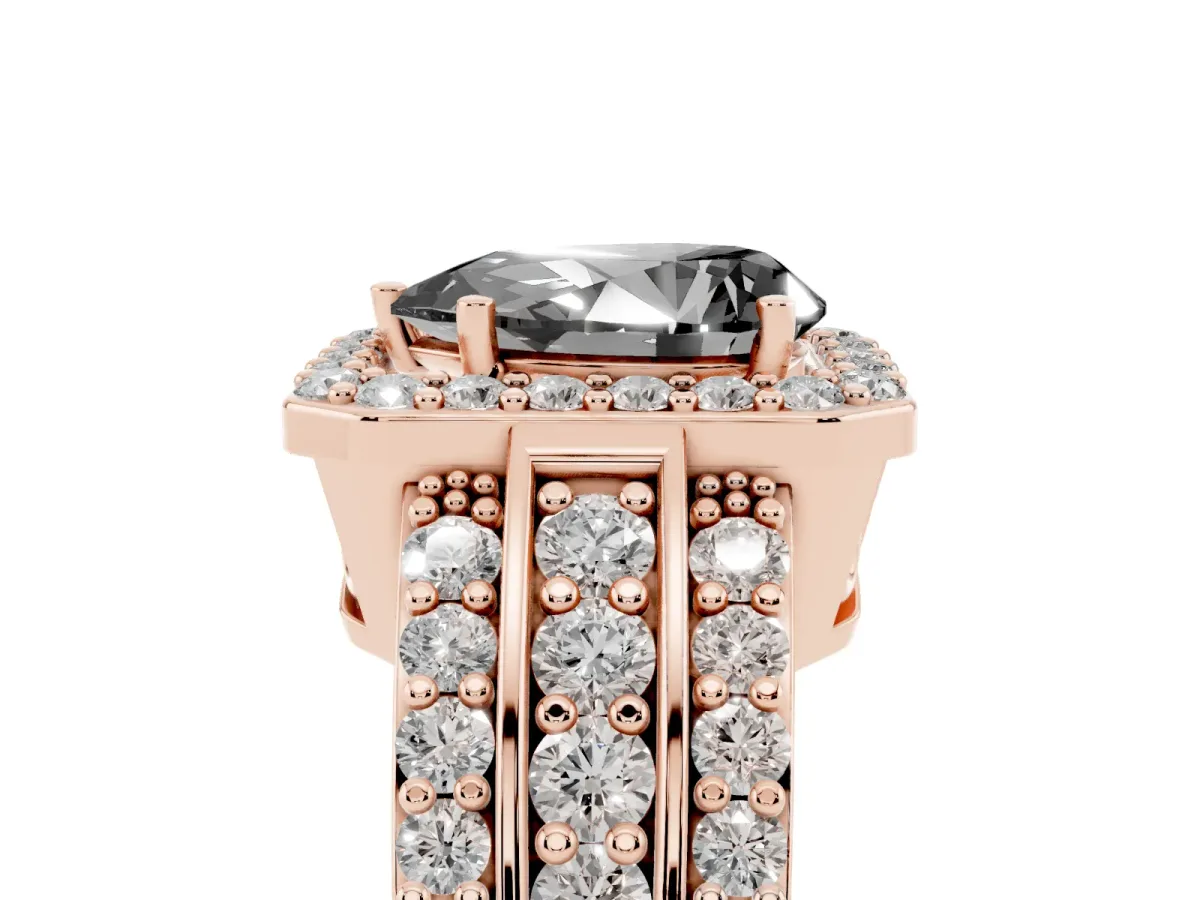 Fancy Black Pear Cut Halo Diamond Ring with Round Split Shank and Prong Setting Rose gold