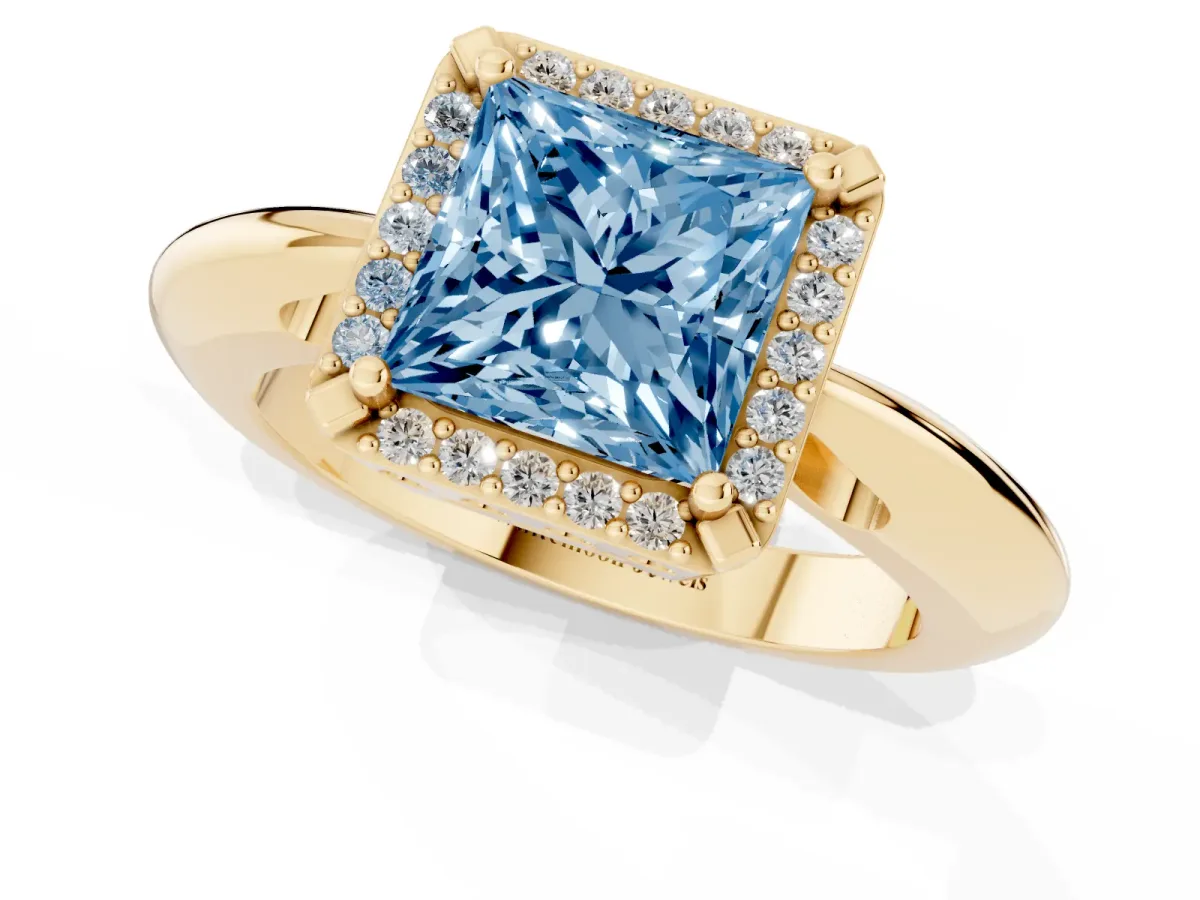 Fancy Blue Princess Cut Cut Diamond Halo Engagement Ring with Split Shank and Four-Prong Setting Yellow gold