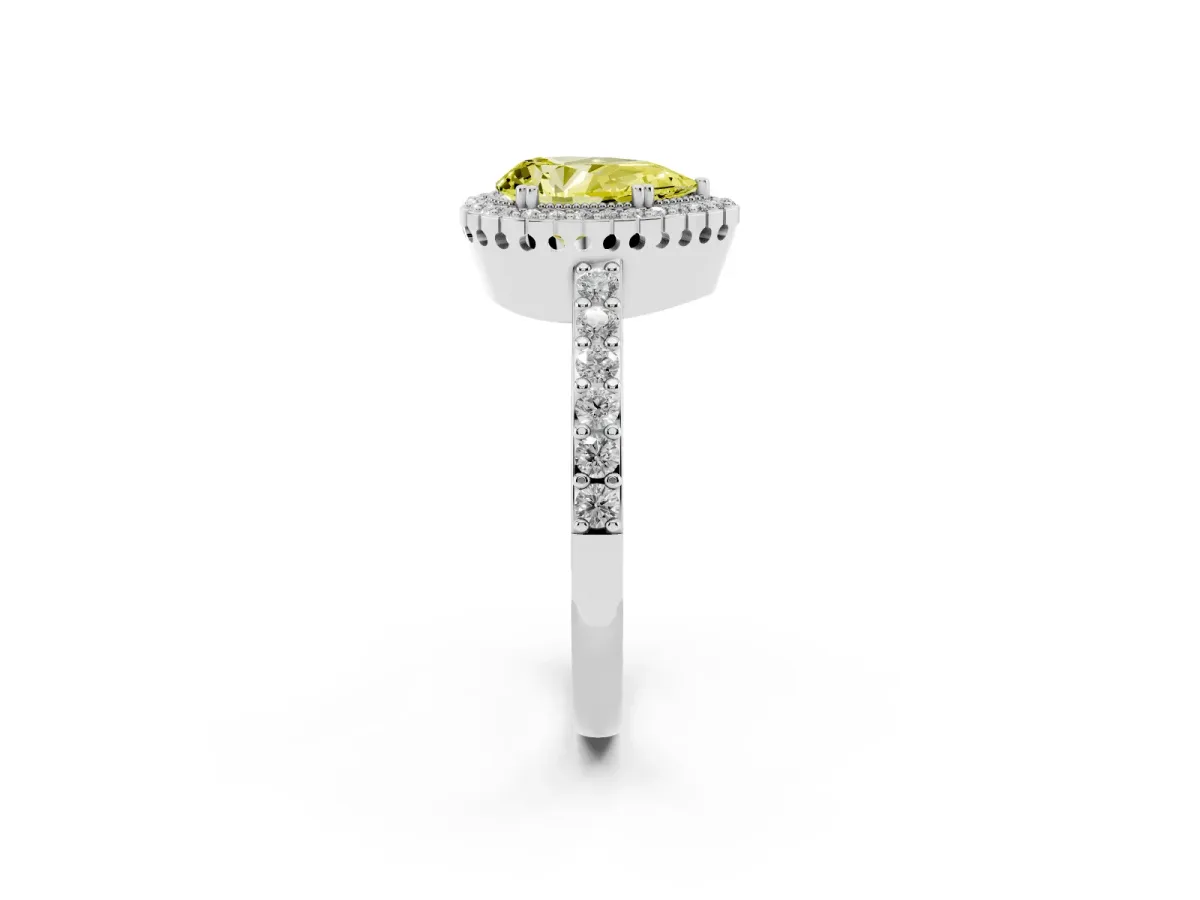 Fancy Yellow Pear Cut Cut Diamond Halo Engagement Ring with Milgrain Detail and Pavé Band Silver