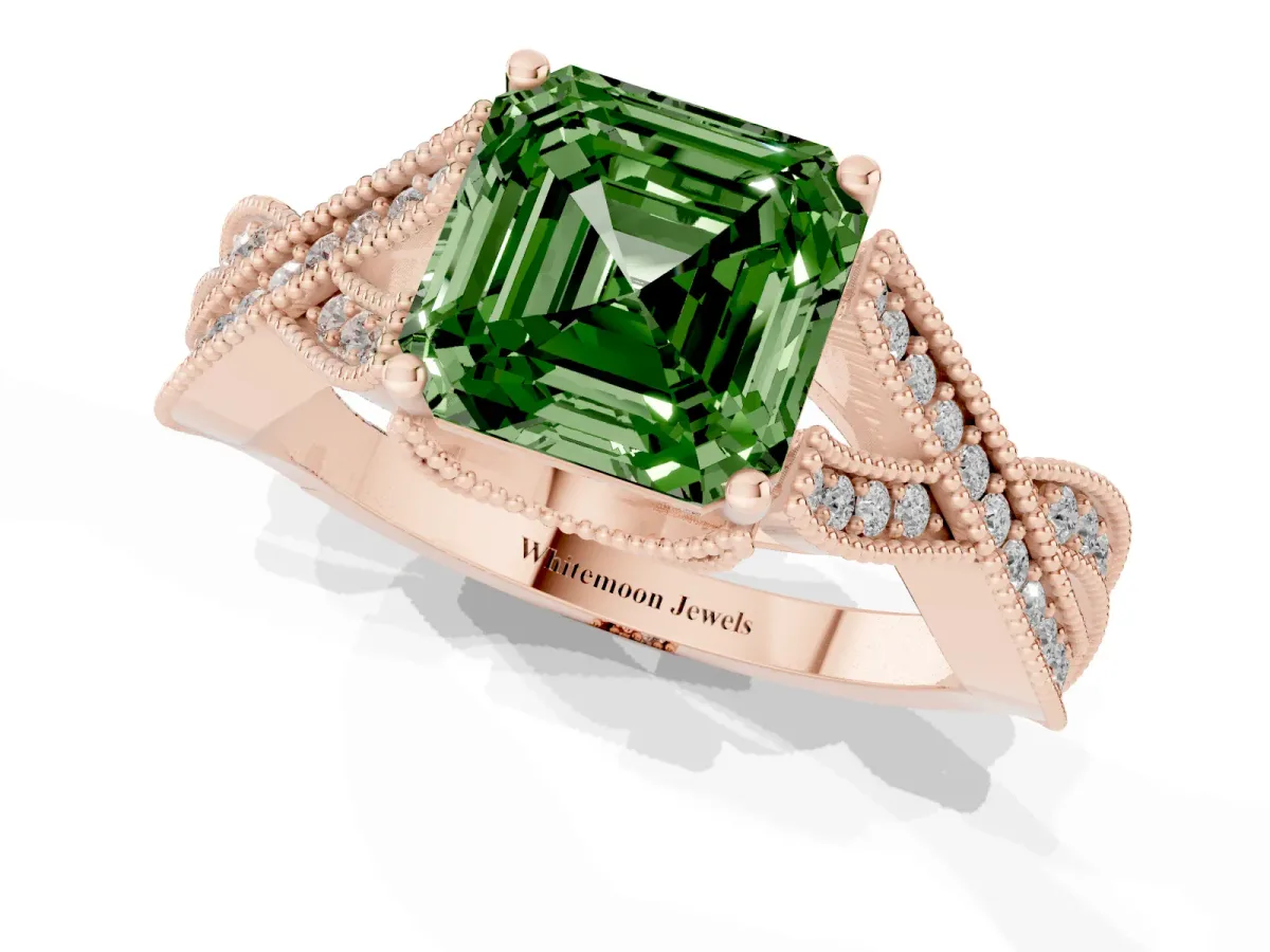 Fancy Green Asscher Cut Cut Diamond Twisted Band with Milgrain Pave Setting and Four-Prong Setting Rose gold