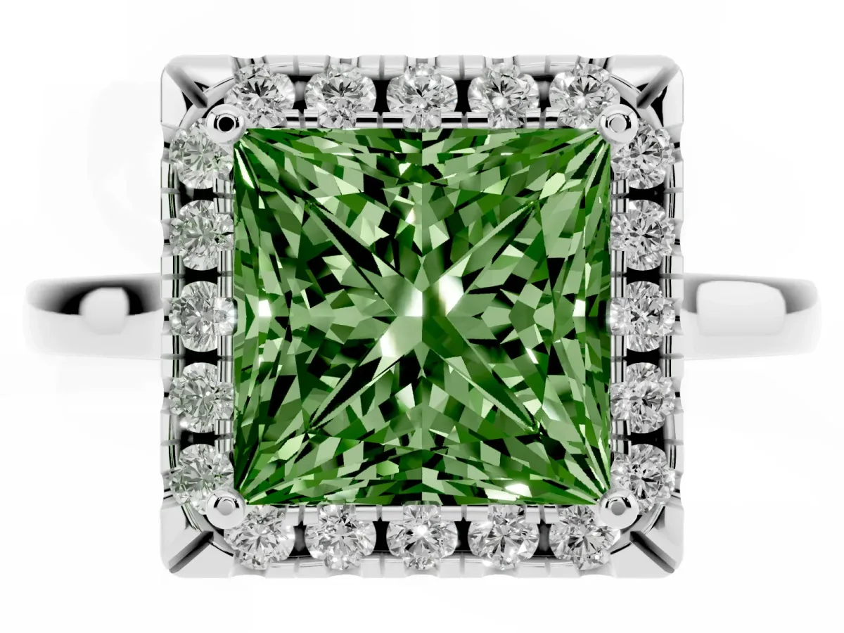 Fancy Green Princess Cut Halo Round Diamond Solitaire Ring with Pavé Band and Four-Prong Setting Platinum