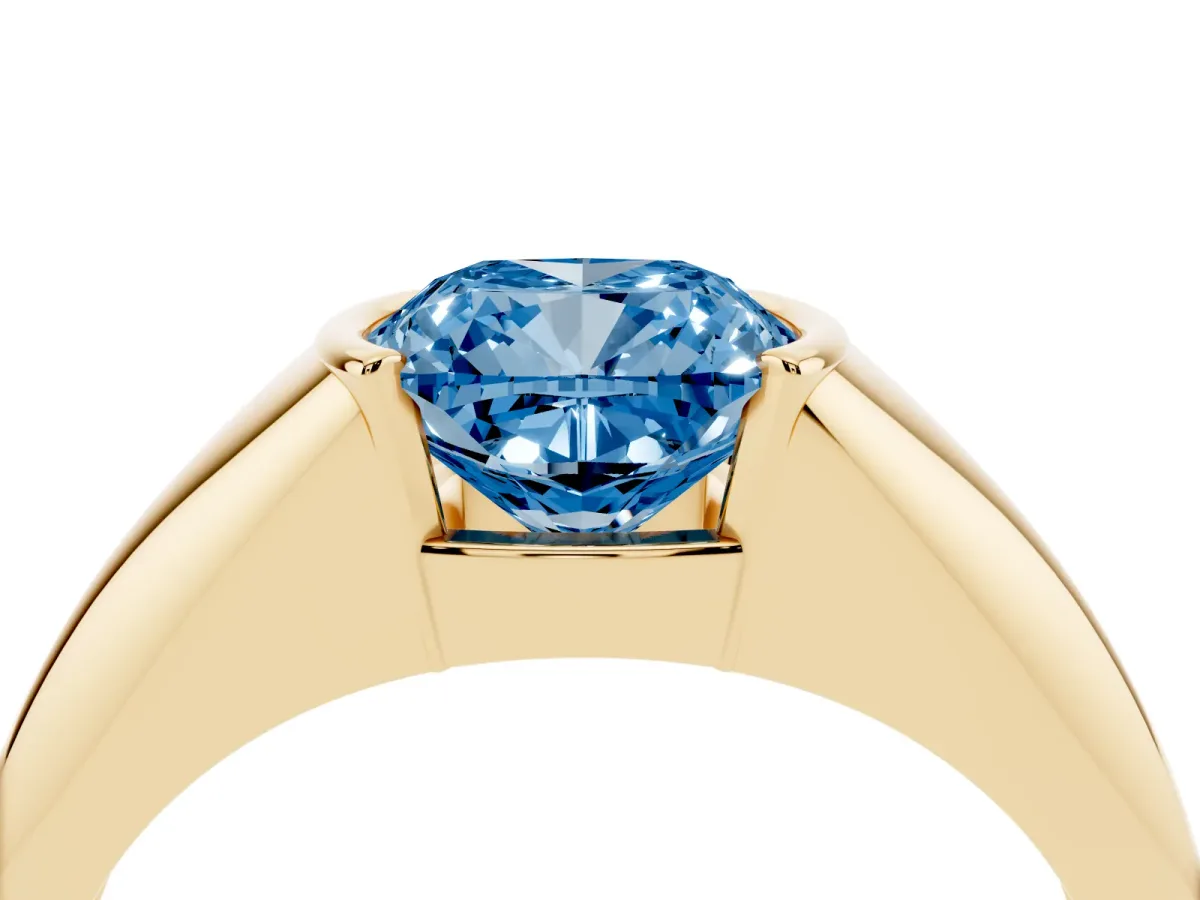 Fancy Blue Cushion Cut Solitaire Tension Set Diamond Ring Yellow gold