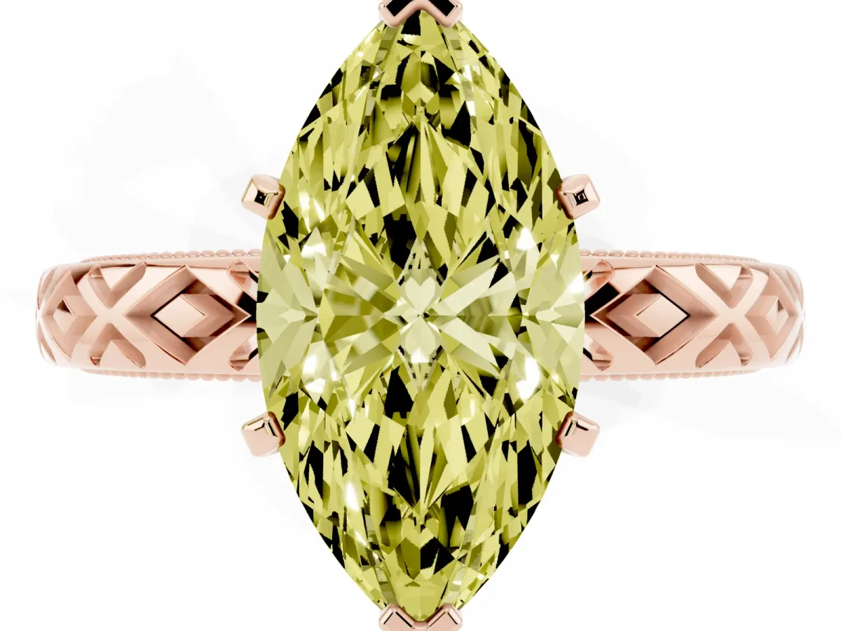 Fancy Yellow Marquise Cut Solitaire Diamond Ring with Milgrain and Black Enamel X Pattern Band Rose gold