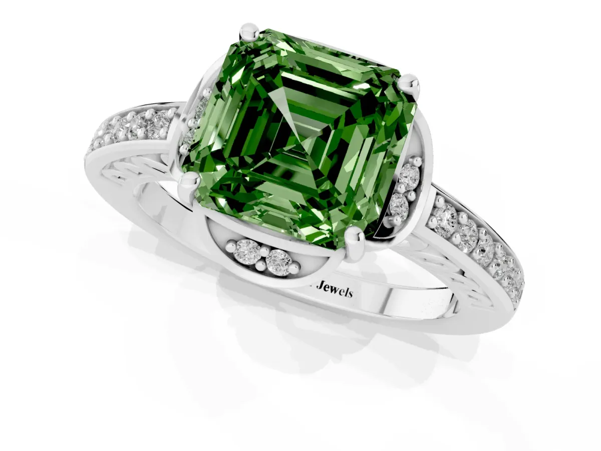 Fancy Green Asscher Cut Cut Halo Diamond Ring with Channel Set Band and Four-Prong Setting White gold