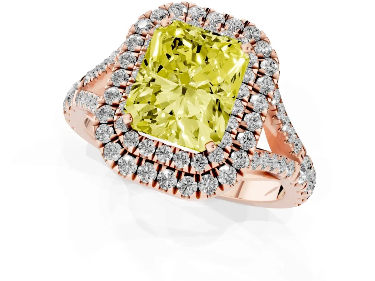 Fancy Yellow Double Halo Radiant Cut Diamond Split Shank Engagement Ring with Four-Prong Setting Rose gold