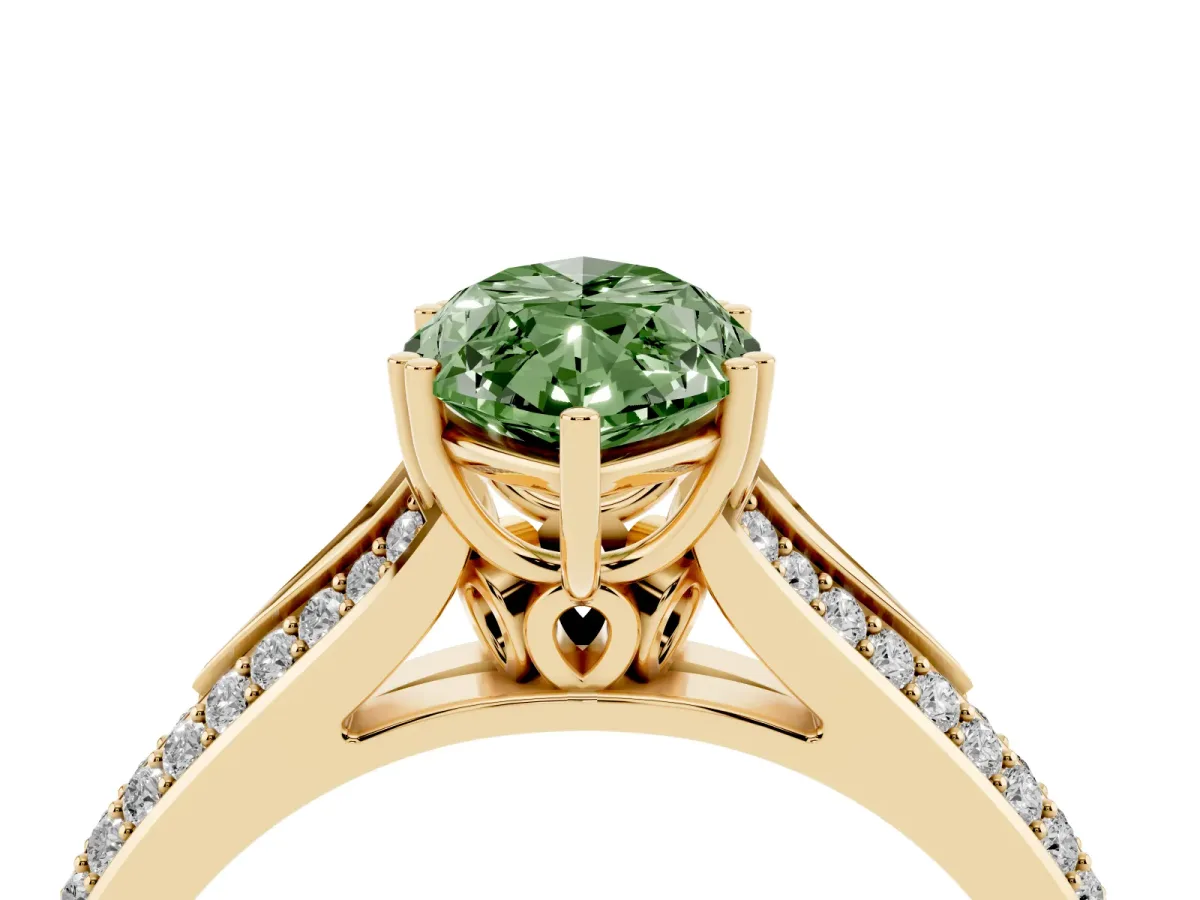Fancy Green Marquise Cut Diamond Split Shank Engagement Ring with Pavé Band Yellow gold