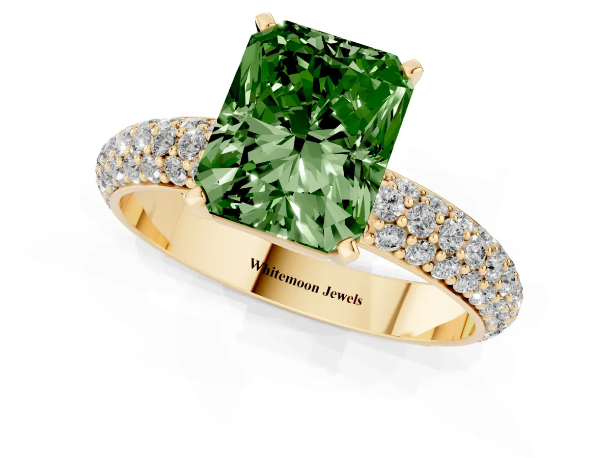 Fancy Green Radiant Cut Diamond Solitaire Ring with Prong Setting and Pavé Band Yellow gold