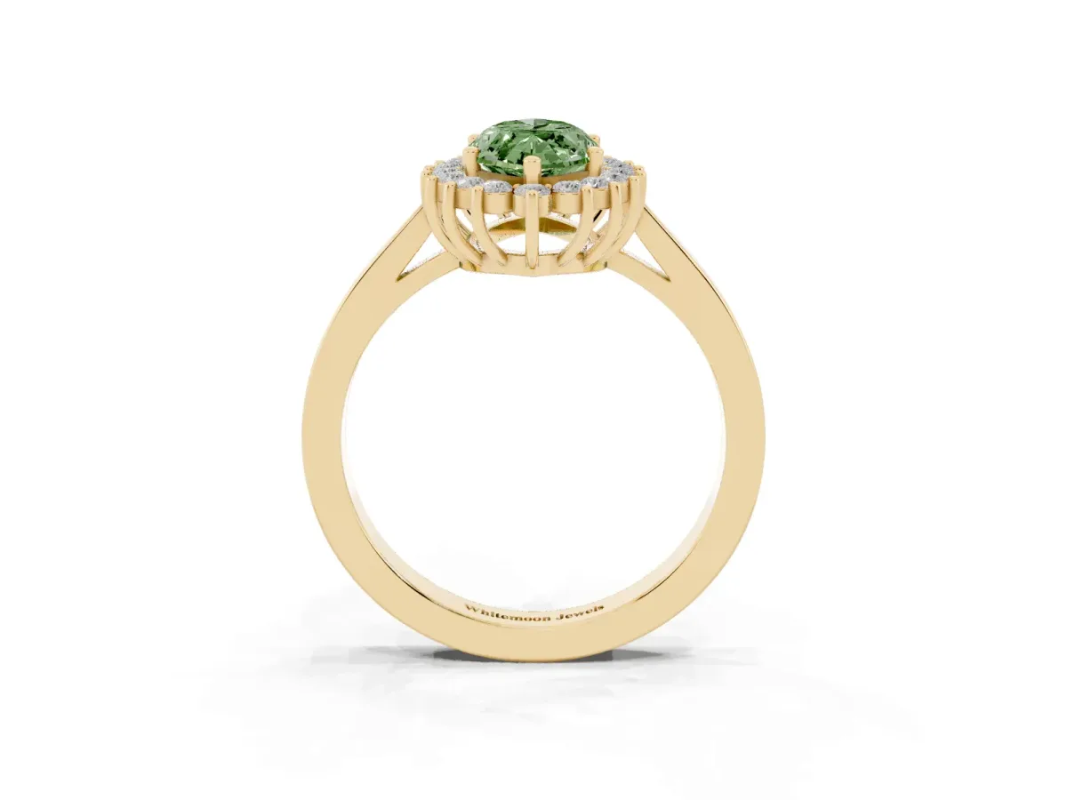 Fancy Green Marquise Cut Cut Diamond Halo Ring with Round Brilliant Halo and Solitaire Band Yellow gold