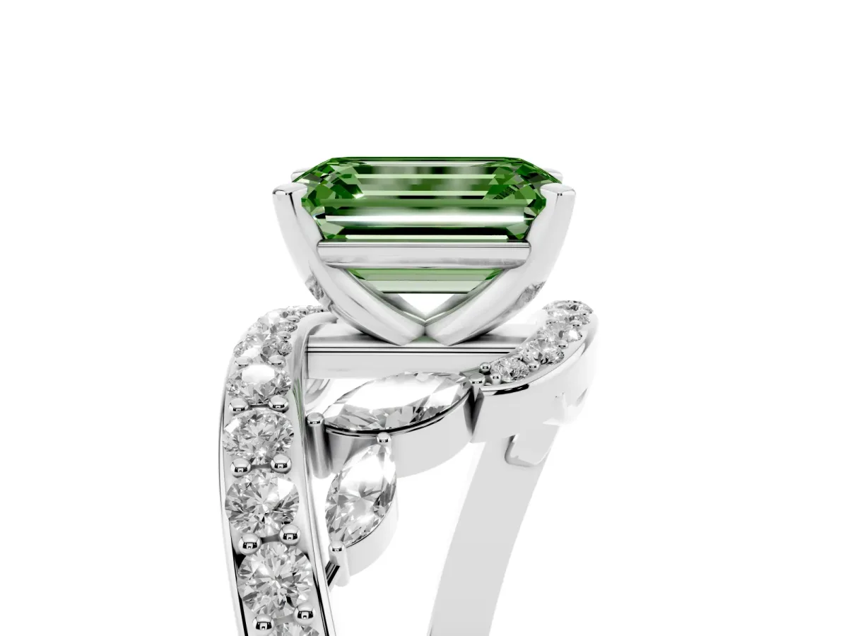 Fancy Green Emerald Cut Solitaire with Pavé Twist Band and Four-Prong Setting Silver