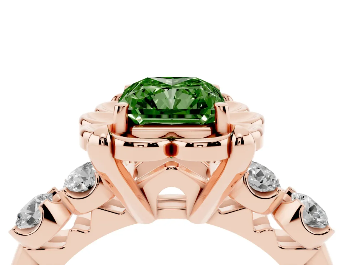 Fancy Green Radiant Cut Cut Diamond Floral Halo Engagement Ring with Shared Prong Setting Rose gold