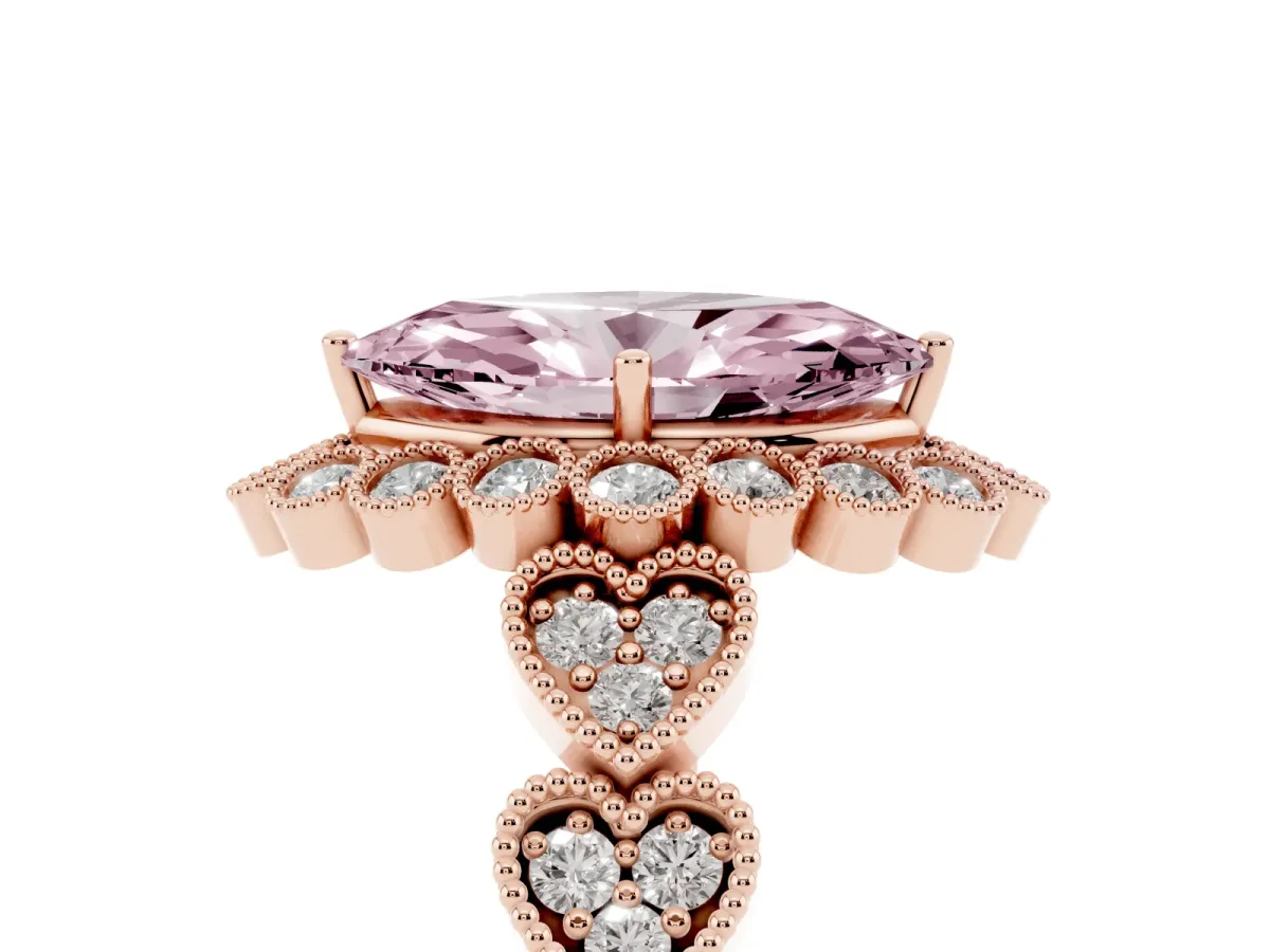 Fancy Pink Marquise Cut Brilliant Milgrain Pave Heart Band Solitaire Ring Rose gold