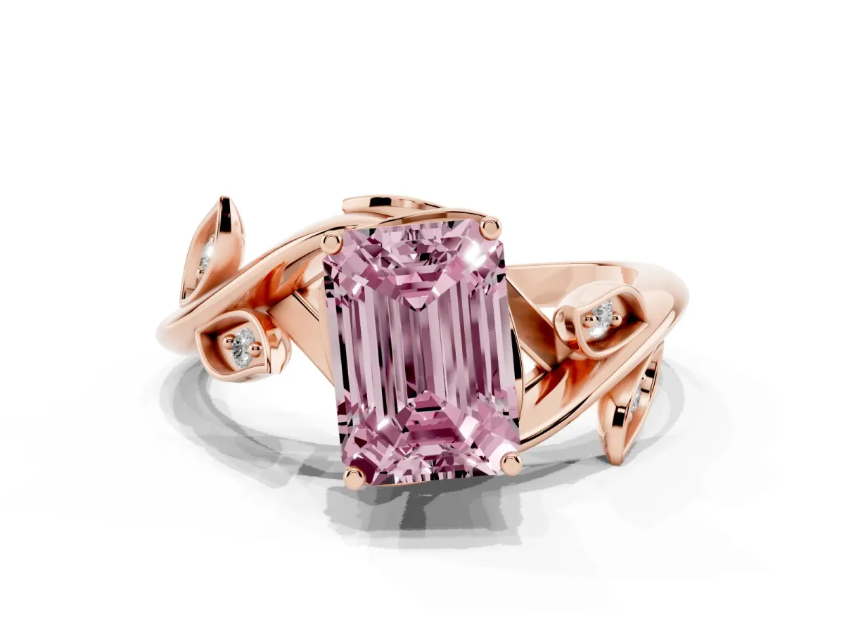 Fancy Pink Emerald Cut Solitaire Twist Engagement Ring with Leaf Accents and Prong Setting Rose gold