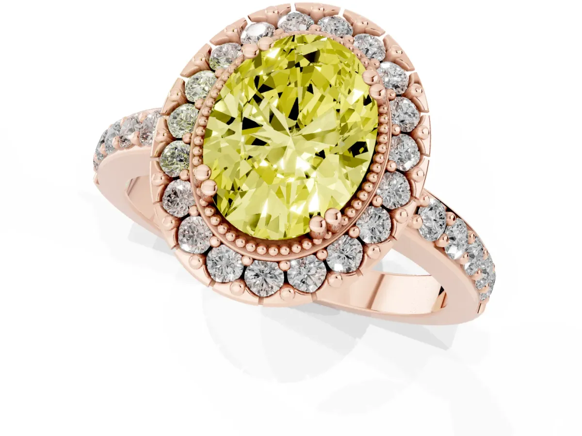 Fancy Yellow Oval Cut Diamond Halo Ring with Pavé Band and Prong Setting Rose gold