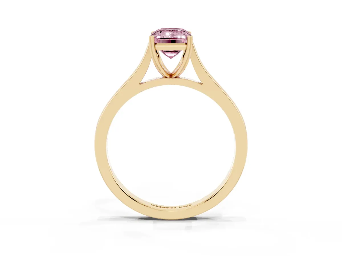 Fancy Pink Emerald Cut Solitaire Heart Prong Engagement Ring with Tapered Band Yellow gold