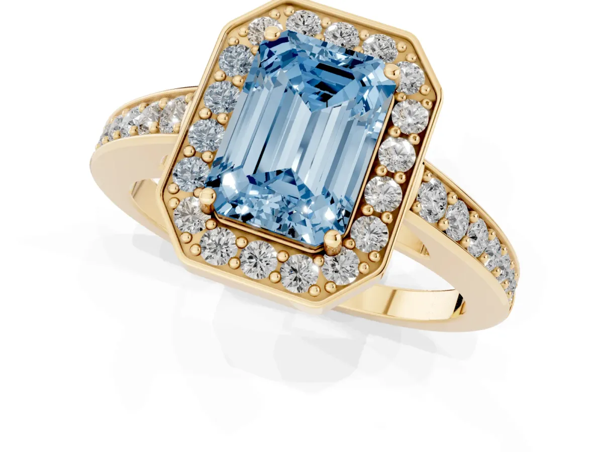 Fancy Blue Emerald Cut Halo Pavé Diamond Engagement Ring with Bezel Setting Yellow gold