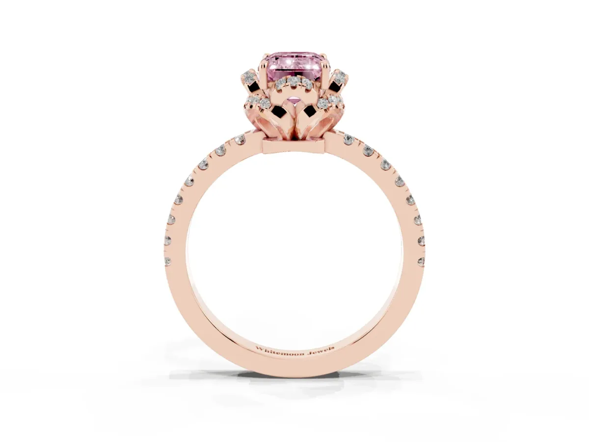 Fancy Pink Emerald Cut Diamond Halo Pave Band with Four-Prong Setting Rose gold