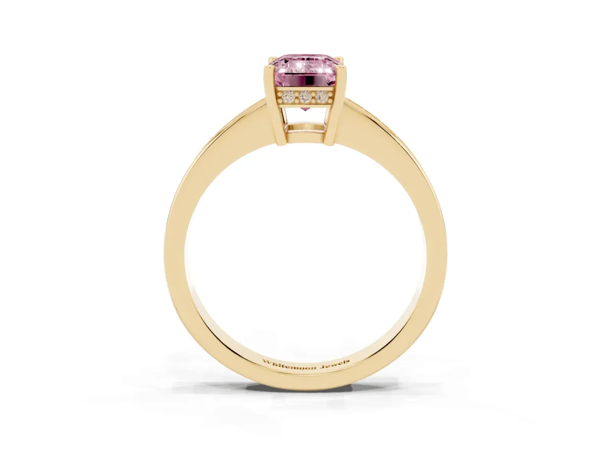 Fancy Pink Emerald Cut Solitaire Pavé Band Prong Setting Ring Yellow gold