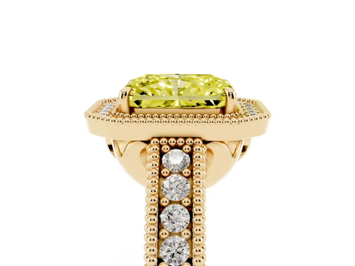 Fancy Yellow Radiant Cut Cut Halo Diamond Ring with Pavé Band and Four-Prong Setting Yellow gold