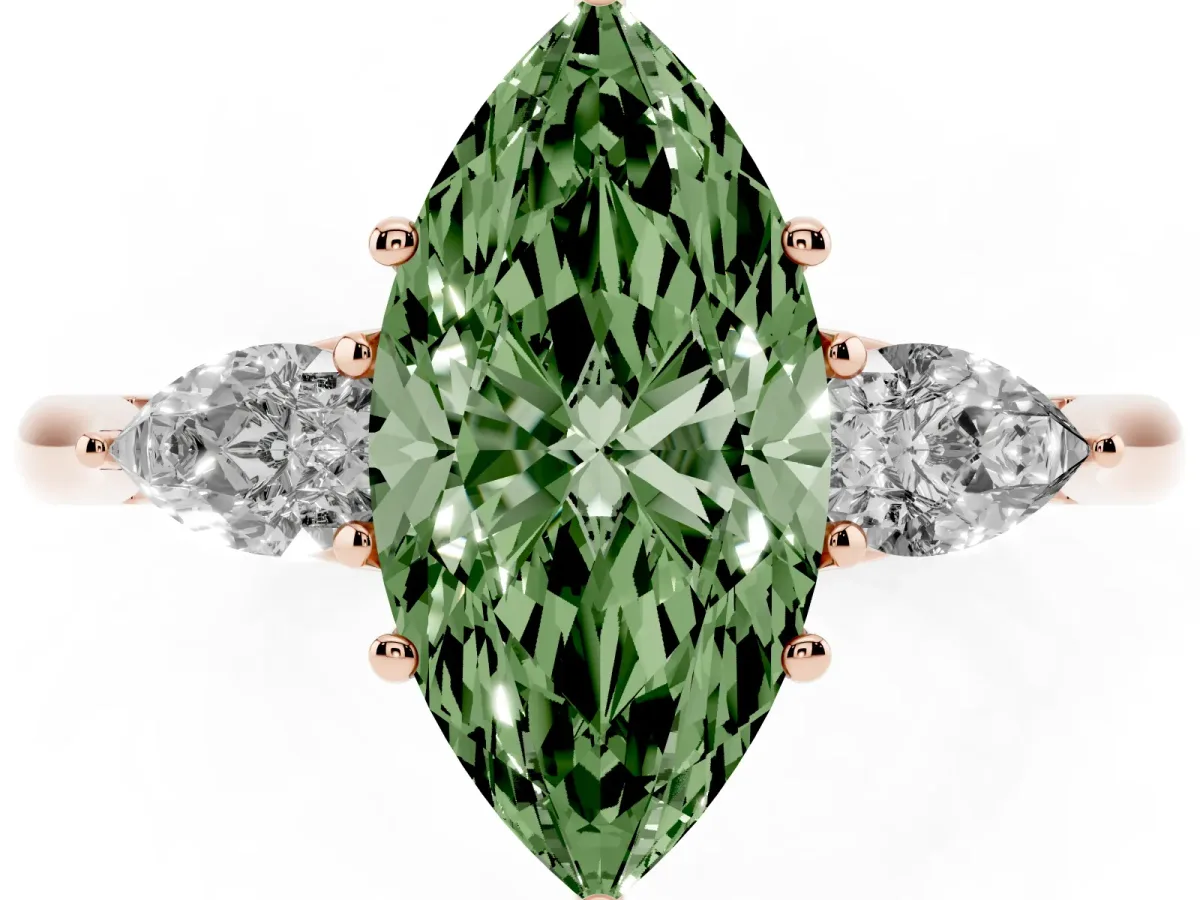 Fancy Green Marquise Cut Diamond Three-Stone Ring with Pear Side Stones and Prong Setting Rose gold
