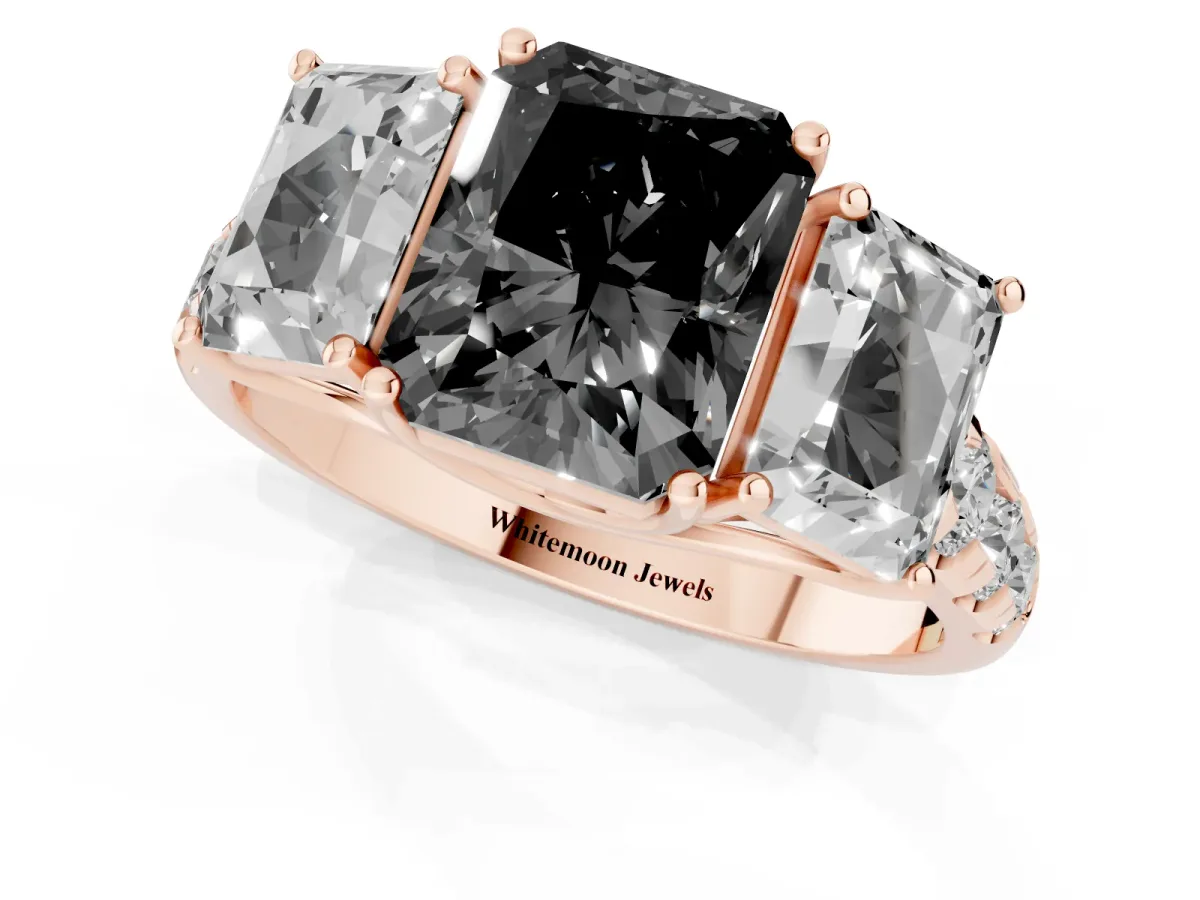 Fancy Black Three-Stone Radiant Cut Diamond Pavé Band with Prong Setting Rose gold