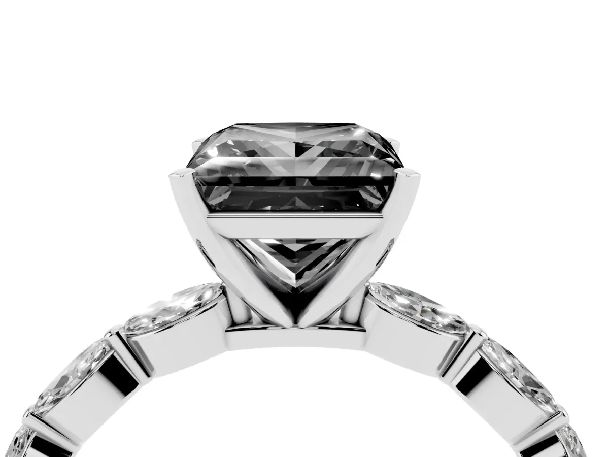Fancy Black Princess Cut Diamond Ring with Marquise Side Stones and Prong Setting Platinum