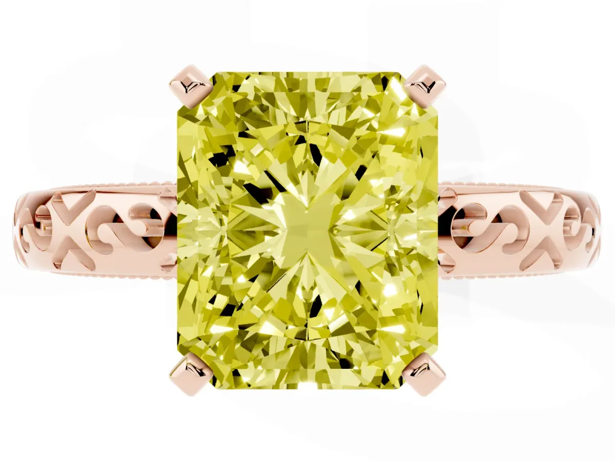 Fancy Yellow Radiant Cut Solitaire Engagement Ring with Scrollwork Band and Four-Prong Setting Rose gold